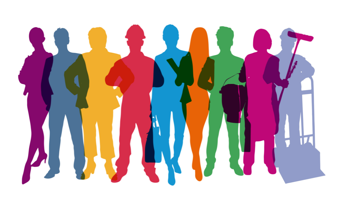 A group of ten colorful, solid-color silhouettes of people in various professional roles standing in a row.