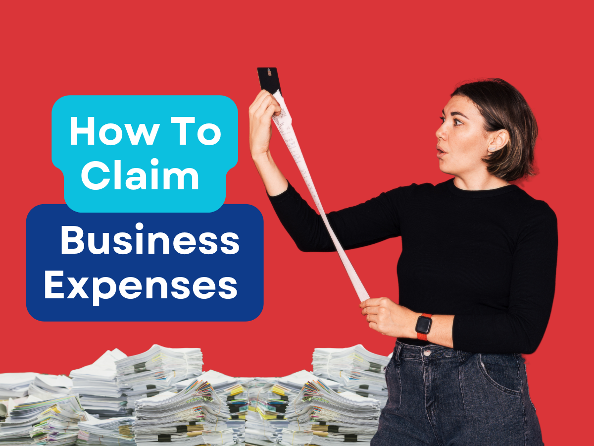 A person looks surprised while holding a long receipt against a red background with the text, 