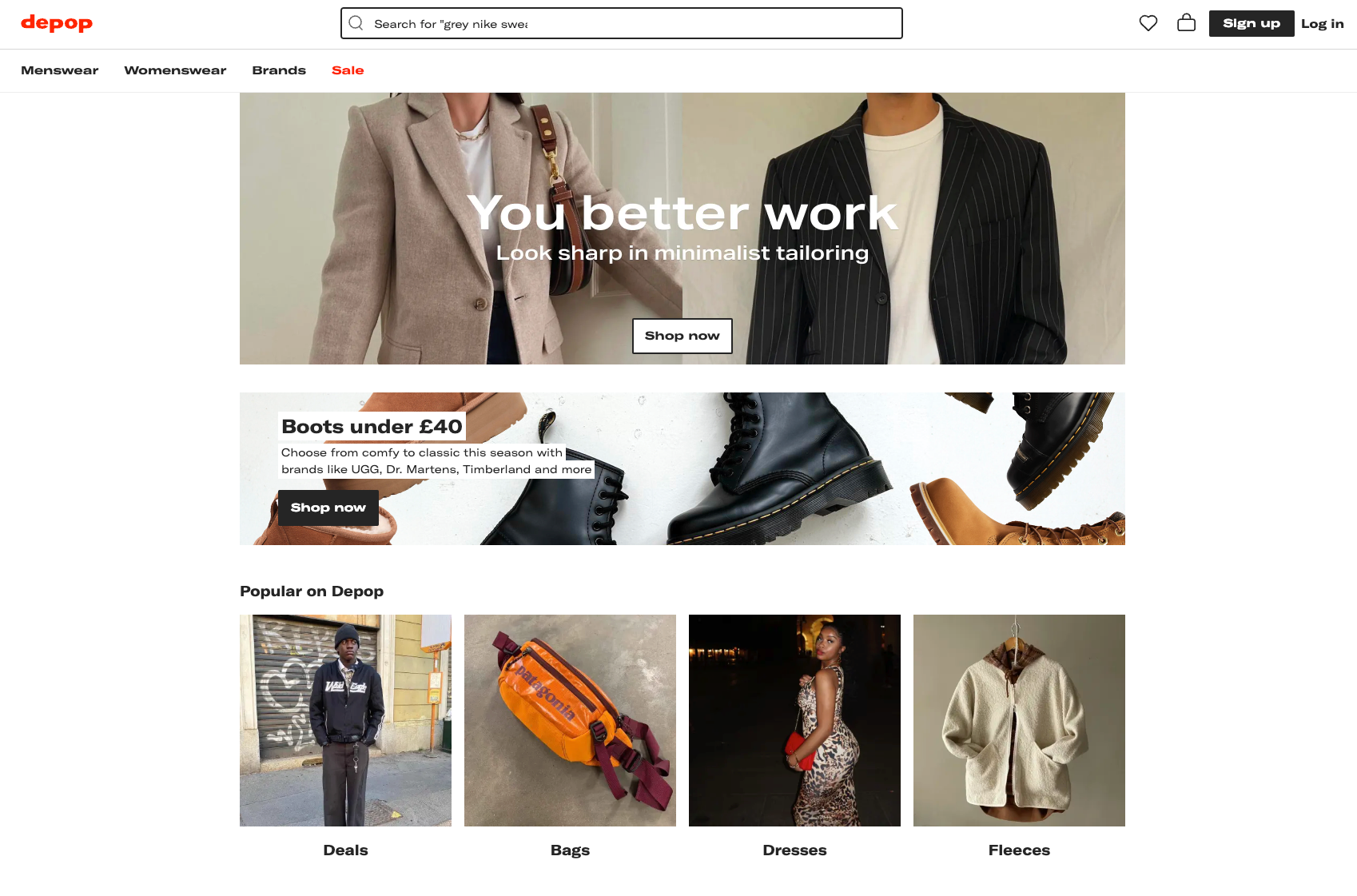 The Depop homepage features featured fashion categories, clothing listings, and a promotional banner for footwear.
