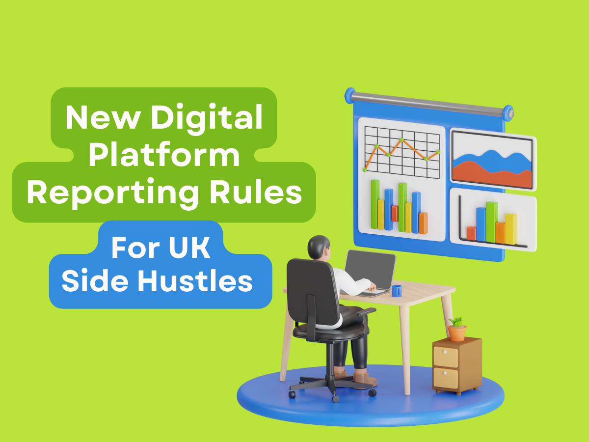 A person at a desk with charts on a wall, with text about new UK digital platform reporting rules for side hustles.