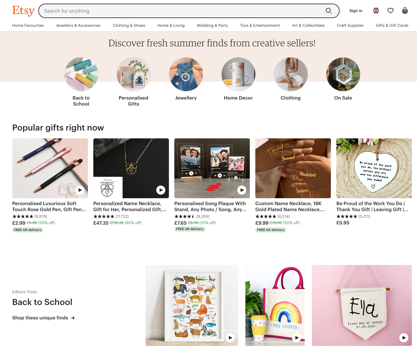The Etsy homepage displays a search bar, navigation categories, a 