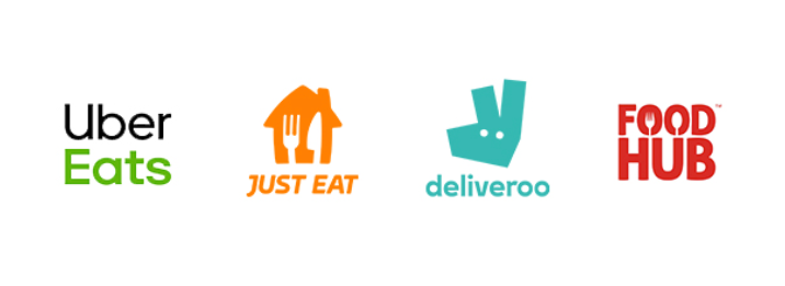 Logos for food delivery services: Uber Eats, Just Eat, Deliveroo, and Foodhub, arranged in a horizontal row.