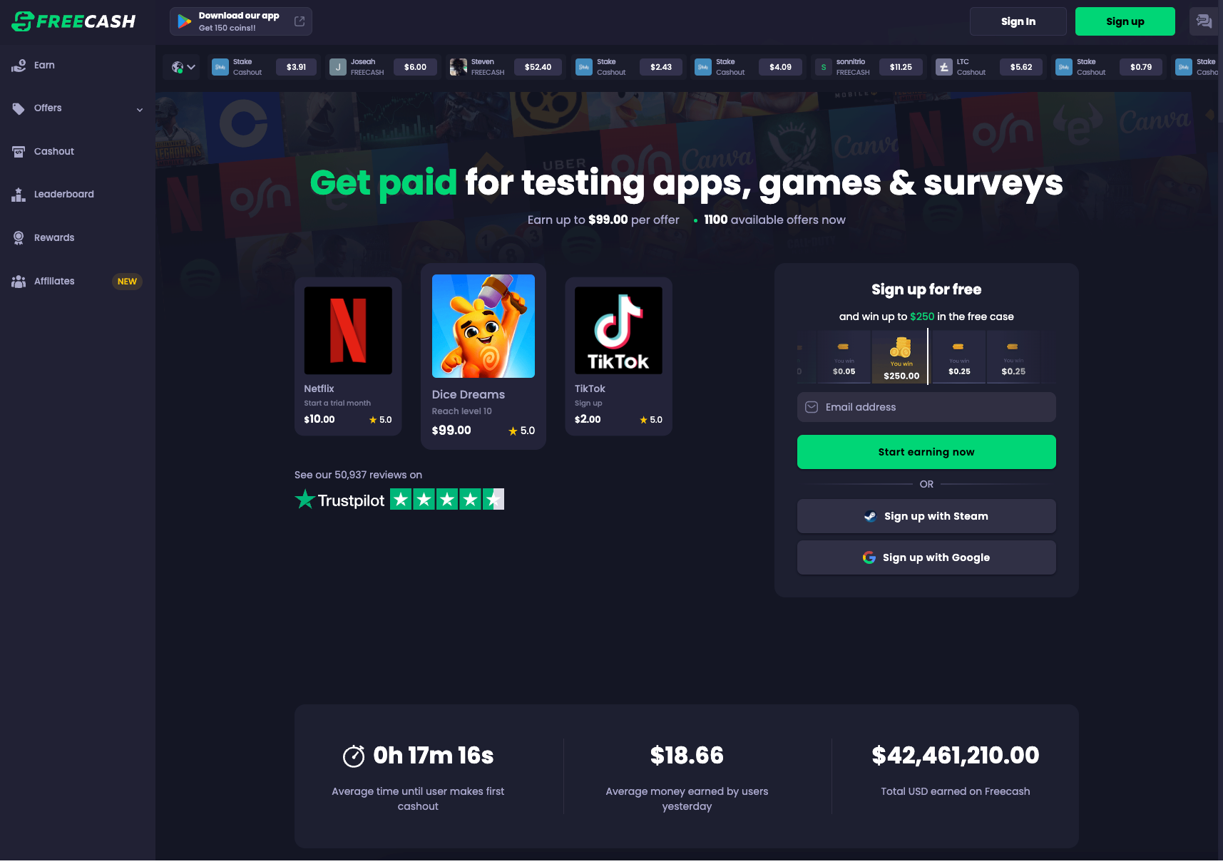 The Freecash homepage shows a dark-themed interface for earning rewards by testing apps, games, and completing surveys.