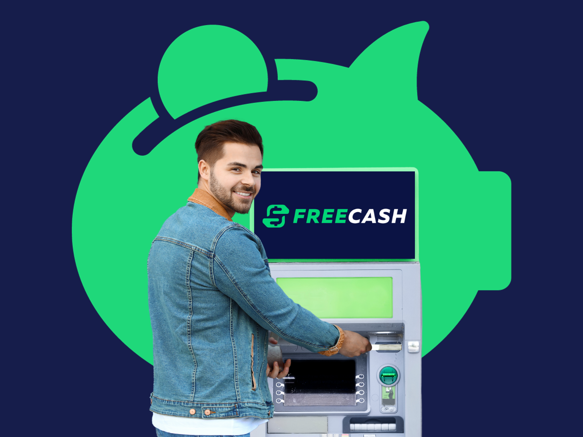 A smiling person in a denim jacket uses an ATM branded with the Freecash logo against a large green piggy bank icon.