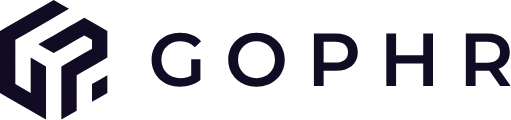 The GOPHR brand logo consisting of a dark, geometric, hexagonal icon next to the word 