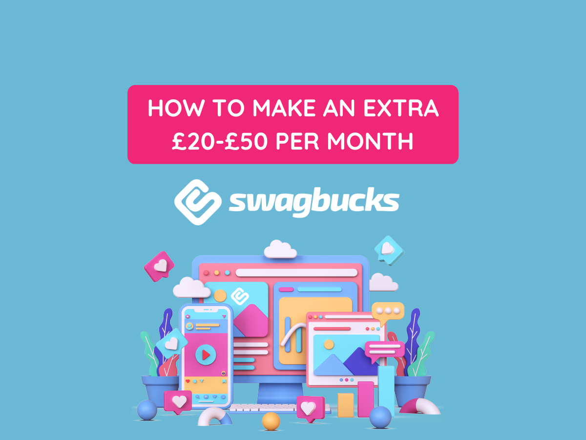 A Swagbucks promotional graphic on a light blue background advertising how to make an extra £20-£50 per month.
