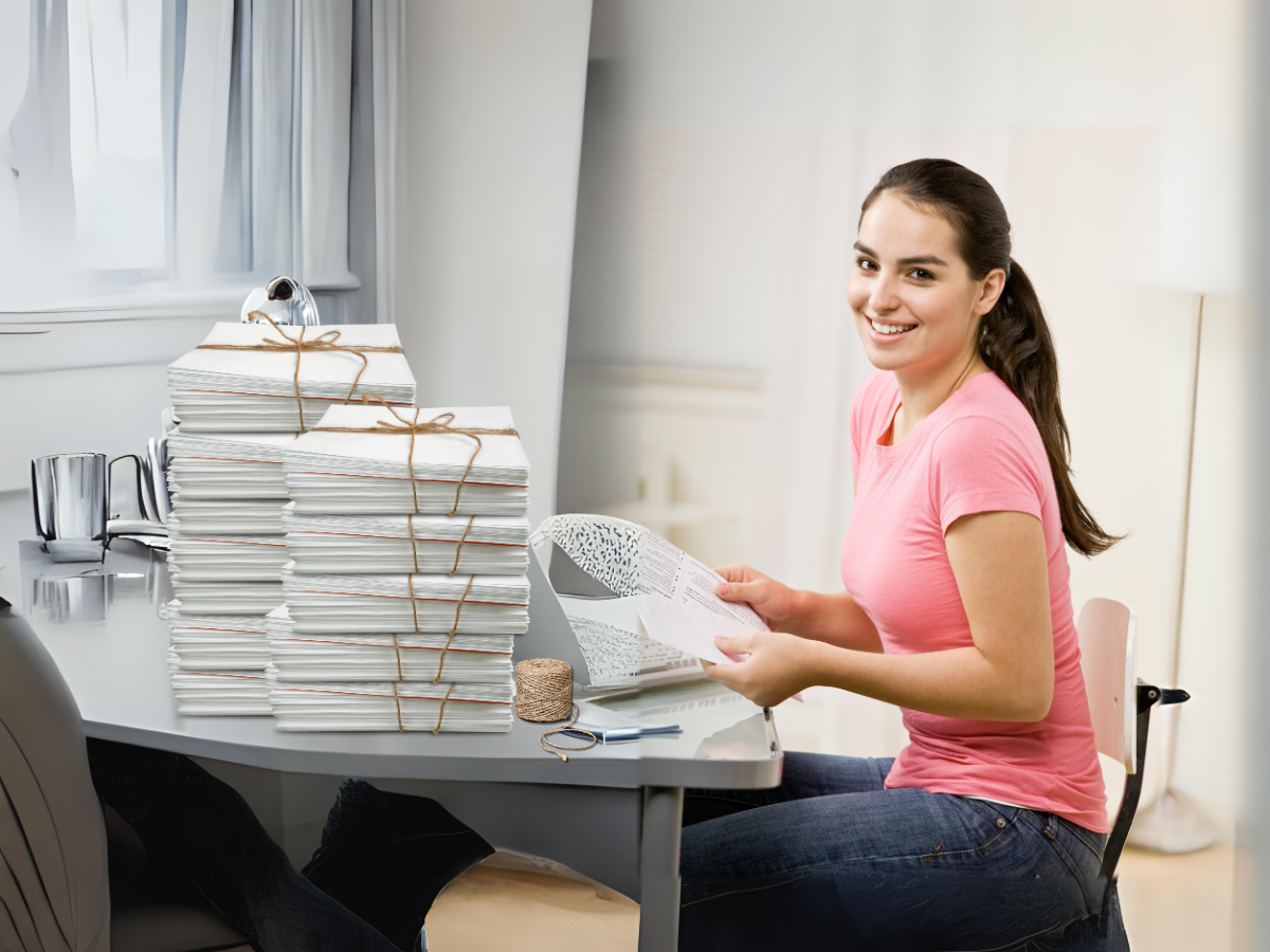 A smiling person sitting at a desk, wrapping stacks of white paper in twine in a bright, home office setting.