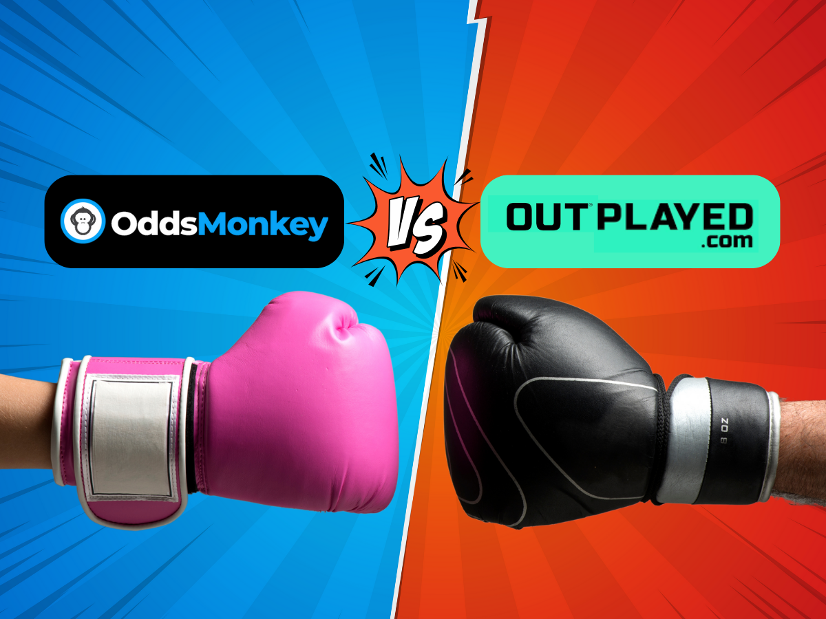 A boxing match graphic featuring OddsMonkey versus Outplayed, with pink and black boxing gloves facing off.