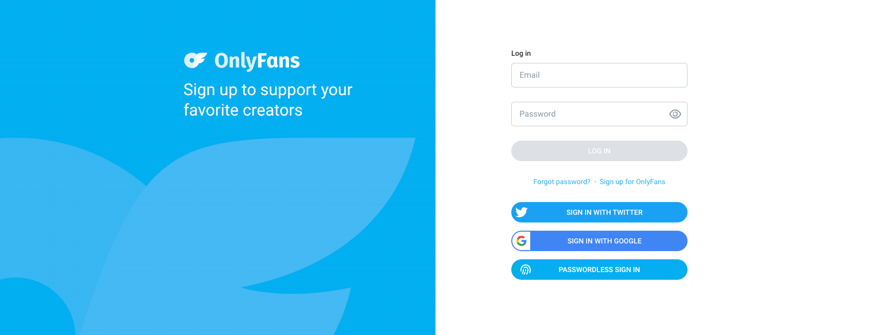 OnlyFans sign-up page featuring a blue sidebar and a form with email, password, and social media login options.
