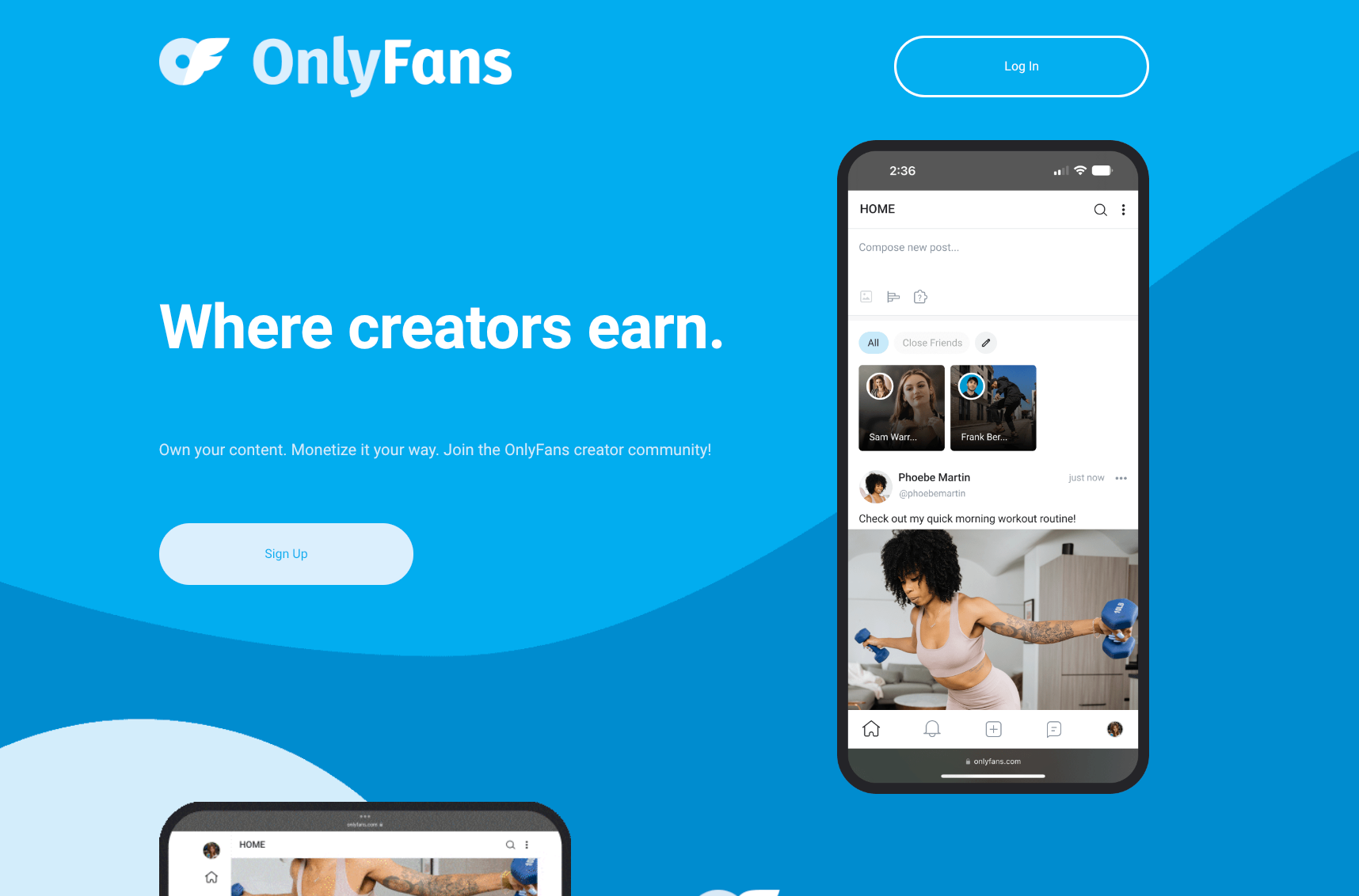 The OnlyFans website landing page featuring the slogan 