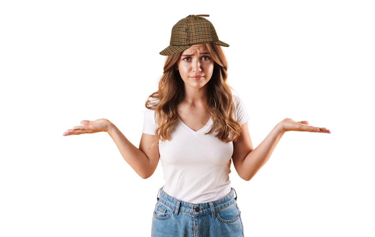 A person wearing a deerstalker hat shrugs with palms up, showing a confused or questioning expression.