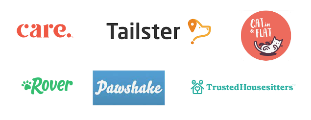 Logos for six pet-sitting and care services: care, Tailster, Cat in a Flat, Rover, Pawshake, and TrustedHousesitters.