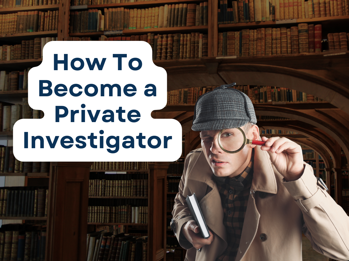 A person dressed in a trench coat and deerstalker hat looks through a magnifying glass in front of a library bookshelf.