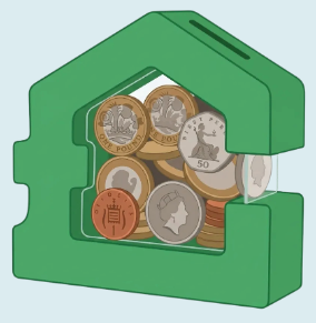 A green, house-shaped piggy bank filled with various British pound coins, featuring the TaxStore logo on the front.