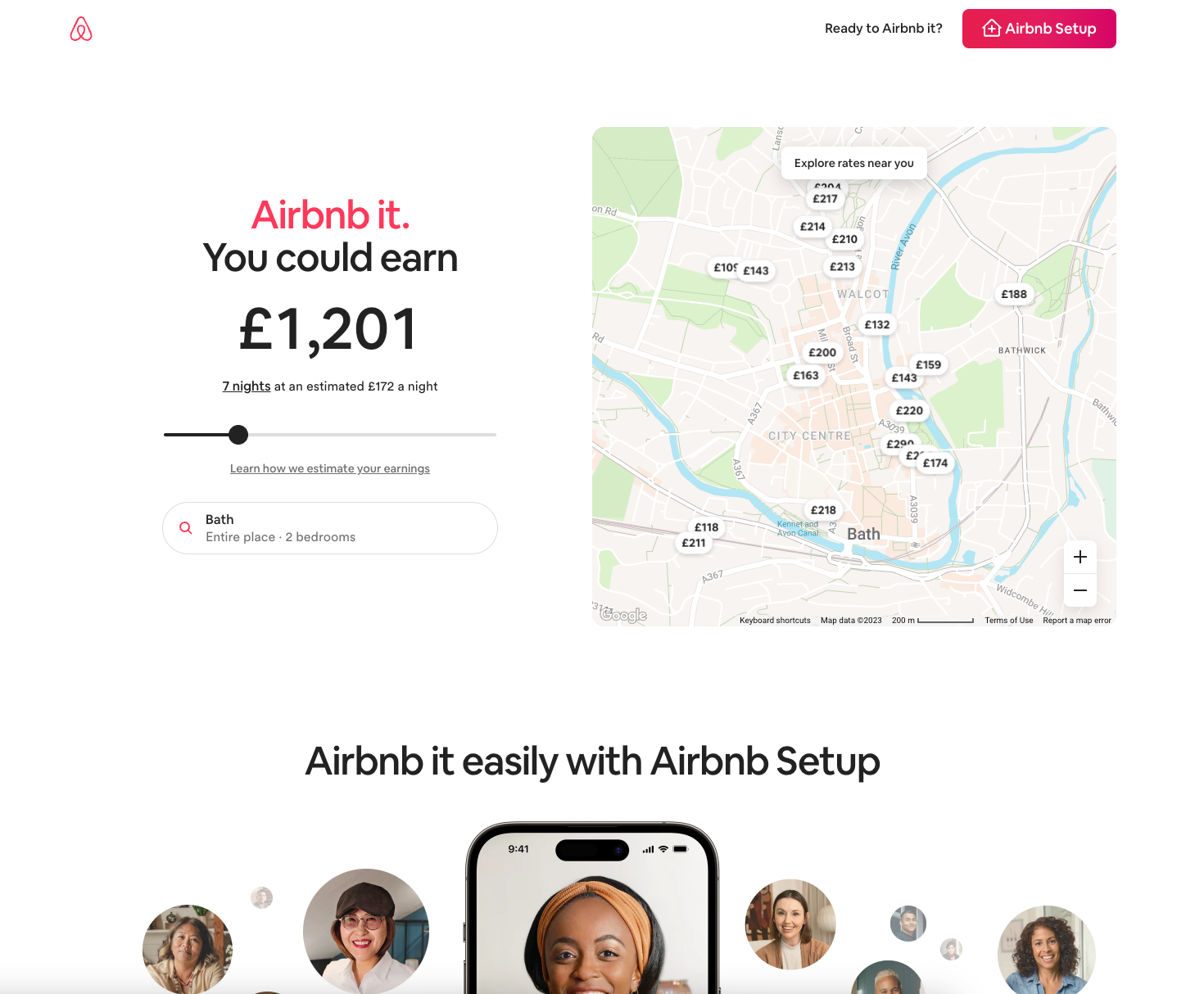 Airbnb landing page showing potential earnings, a map of locations, and an 