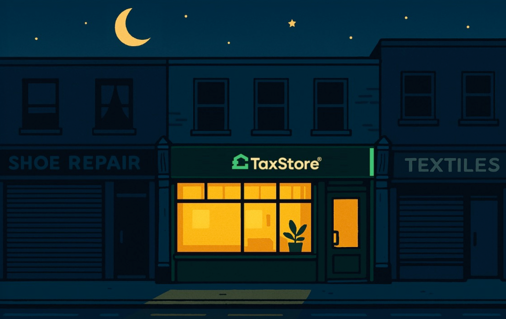 A lit TaxStore storefront at night, flanked by a shoe repair shop and a textiles store under a starry sky.
