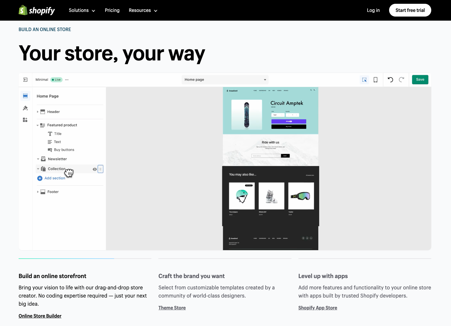 A screenshot of the Shopify website builder interface, showing a store customization menu and a preview of an online shop.