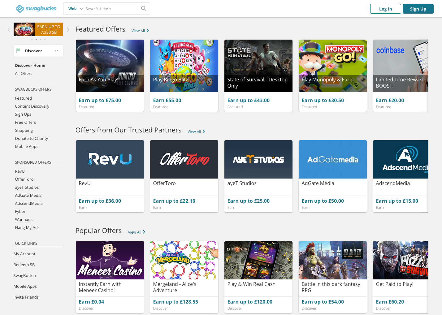 Screenshot of the Swagbucks website showing a grid of various task and game offers for users to earn rewards.