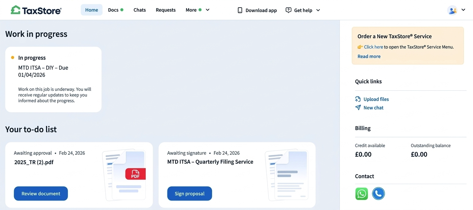 TaxStone dashboard showing work in progress, invoice list, and account billing summary.
