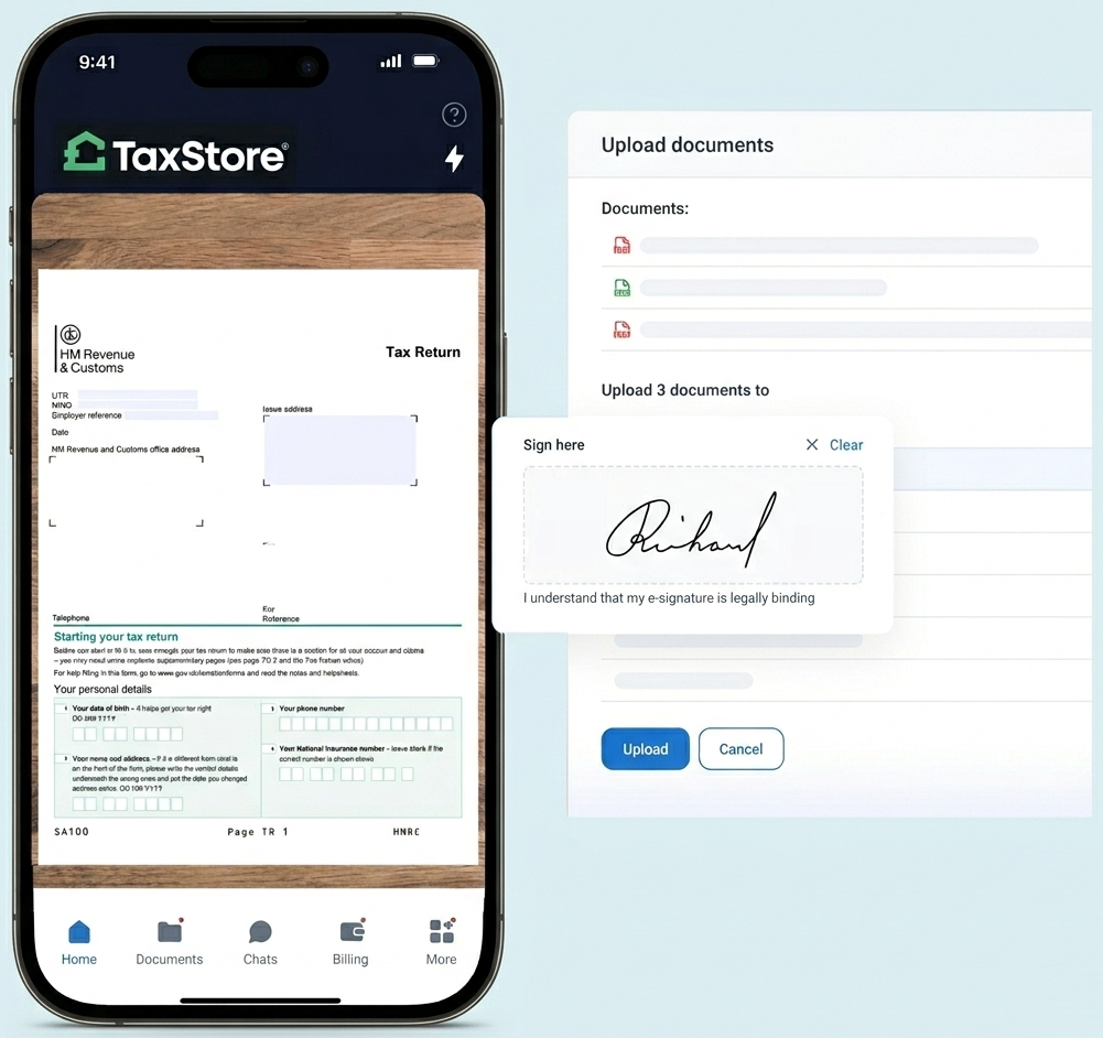 A smartphone displays the TaxStore app interface, showing a tax form and a digital signature field for uploading documents.