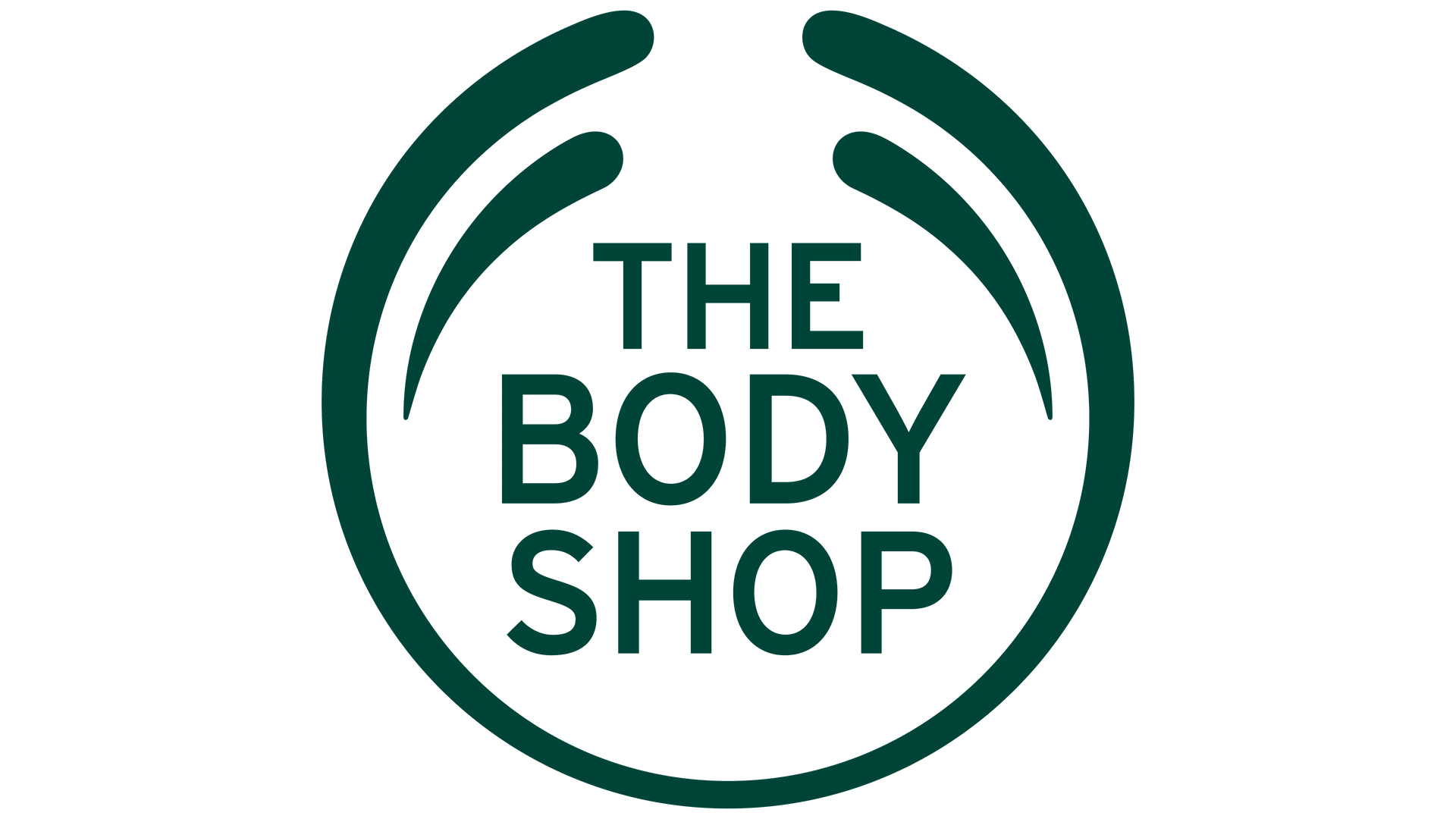 The dark green logo for The Body Shop, featuring the brand name in a circular frame.
