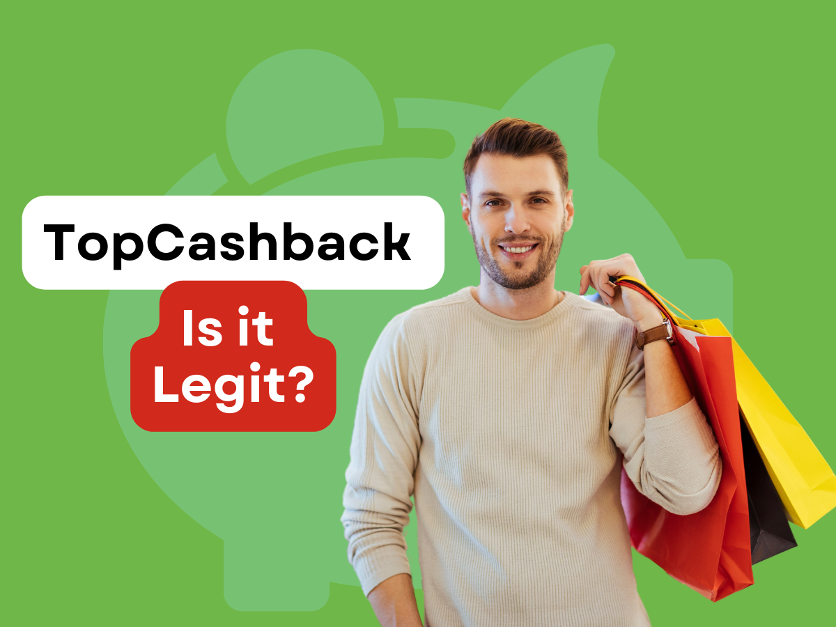 A man smiles while holding shopping bags, overlaid with the text 