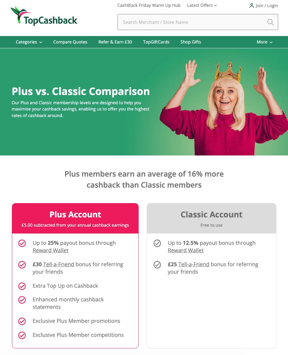 TopCashback comparison page showing features of Plus versus Classic accounts alongside an image of a smiling person.