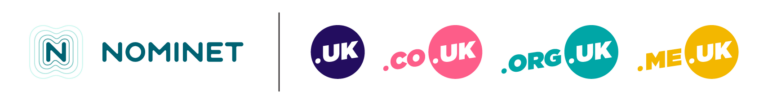 Nominet logo next to colorful circular icons for .uk, .co.uk, .org.uk, and .me.uk domain extensions.