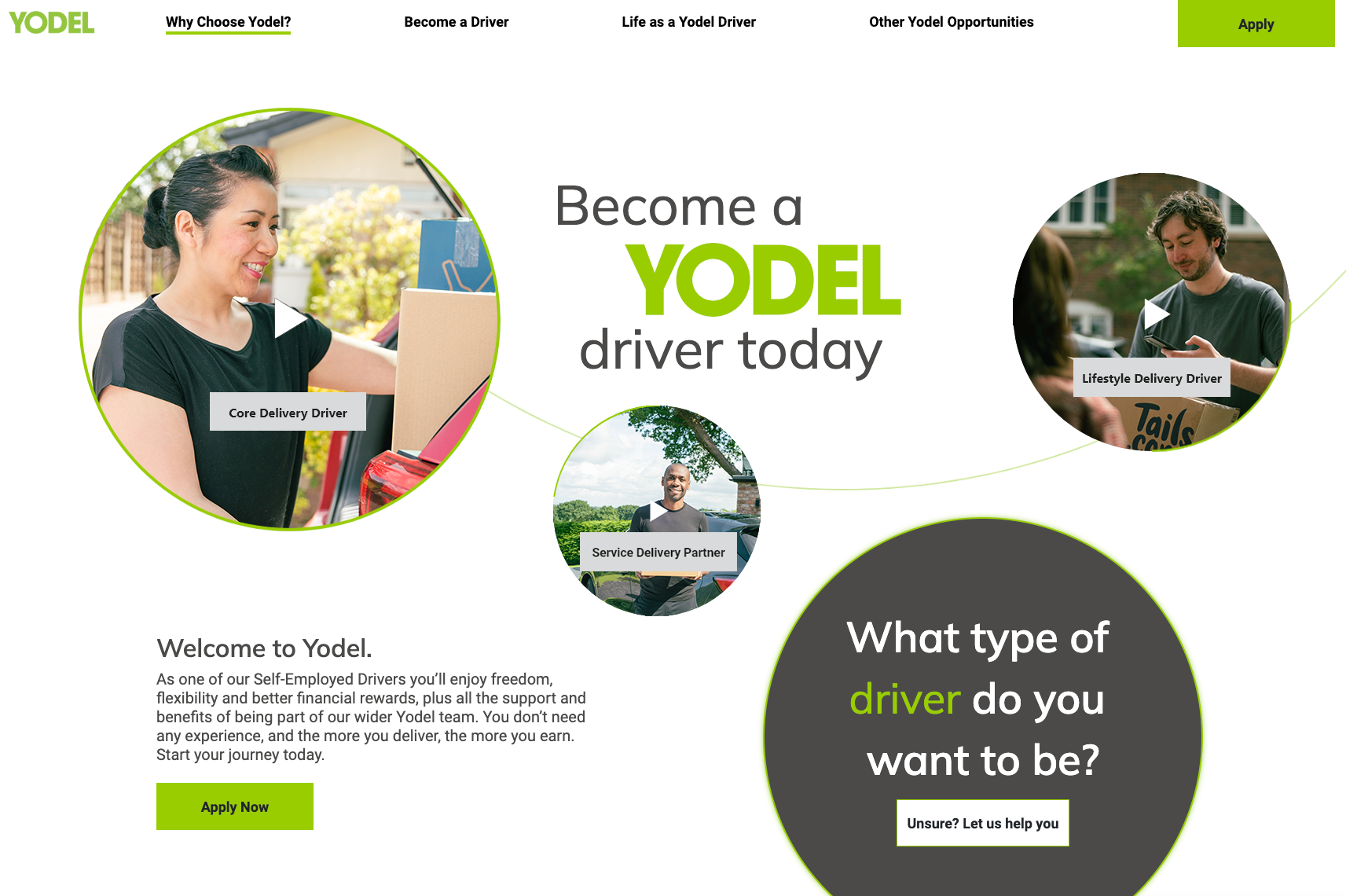 Yodel career page featuring images of drivers, promotional text about becoming a driver, and buttons to apply or find roles.