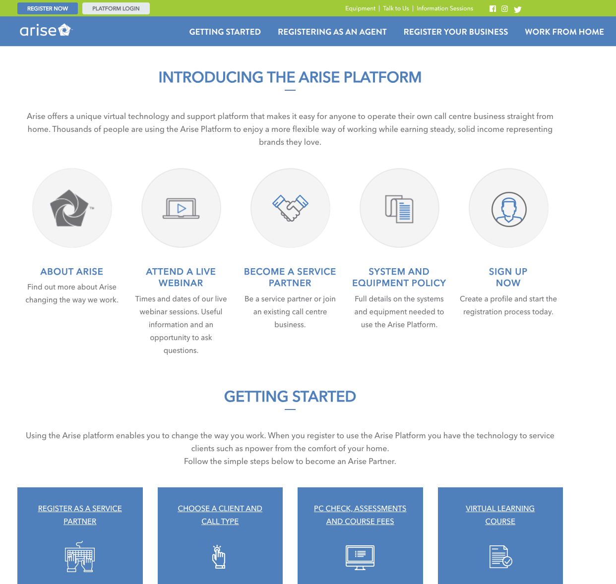 Arise platform website homepage showing navigation links, instructional icons, and a Getting Started section.