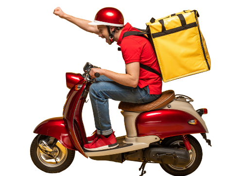 A courier in a red polo and helmet rides a red scooter with a large yellow insulated delivery backpack on their back.