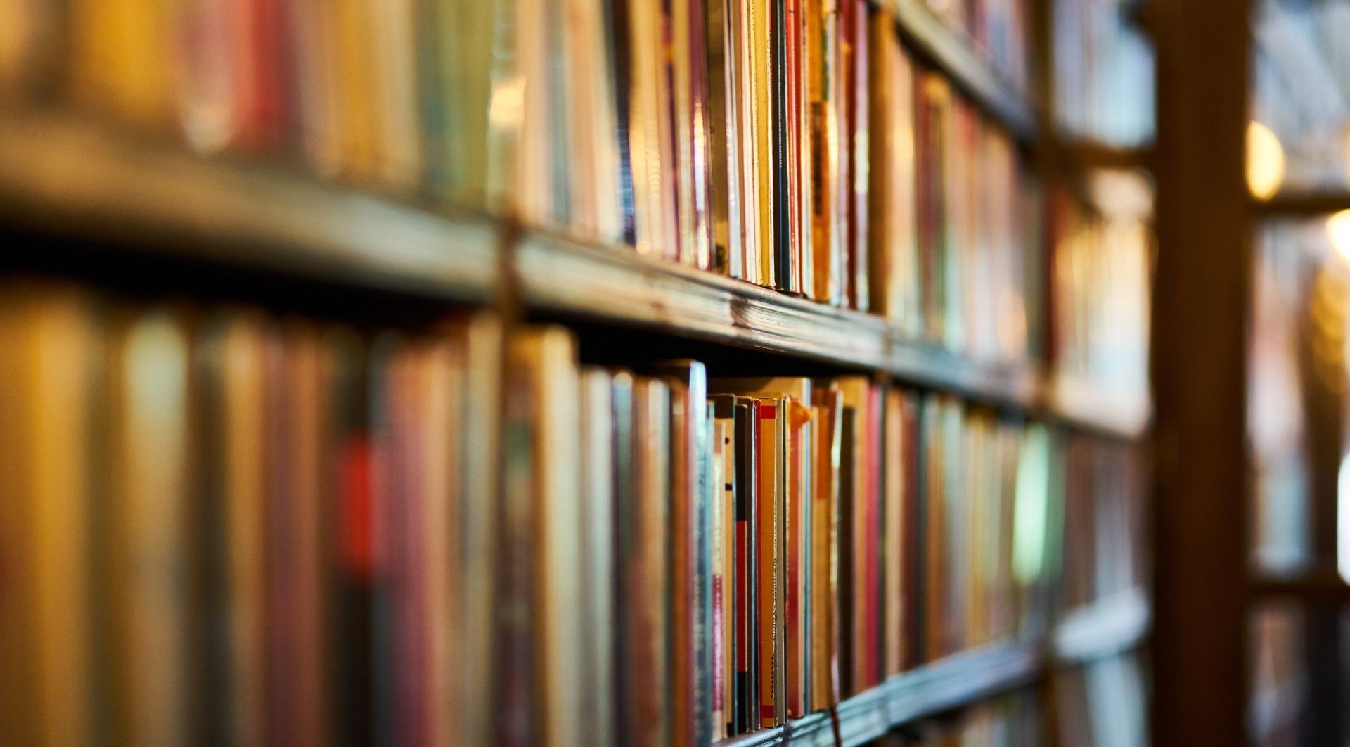 Low-angle shot of wooden shelves filled with a collection of colorful books, softly blurred in the background.
