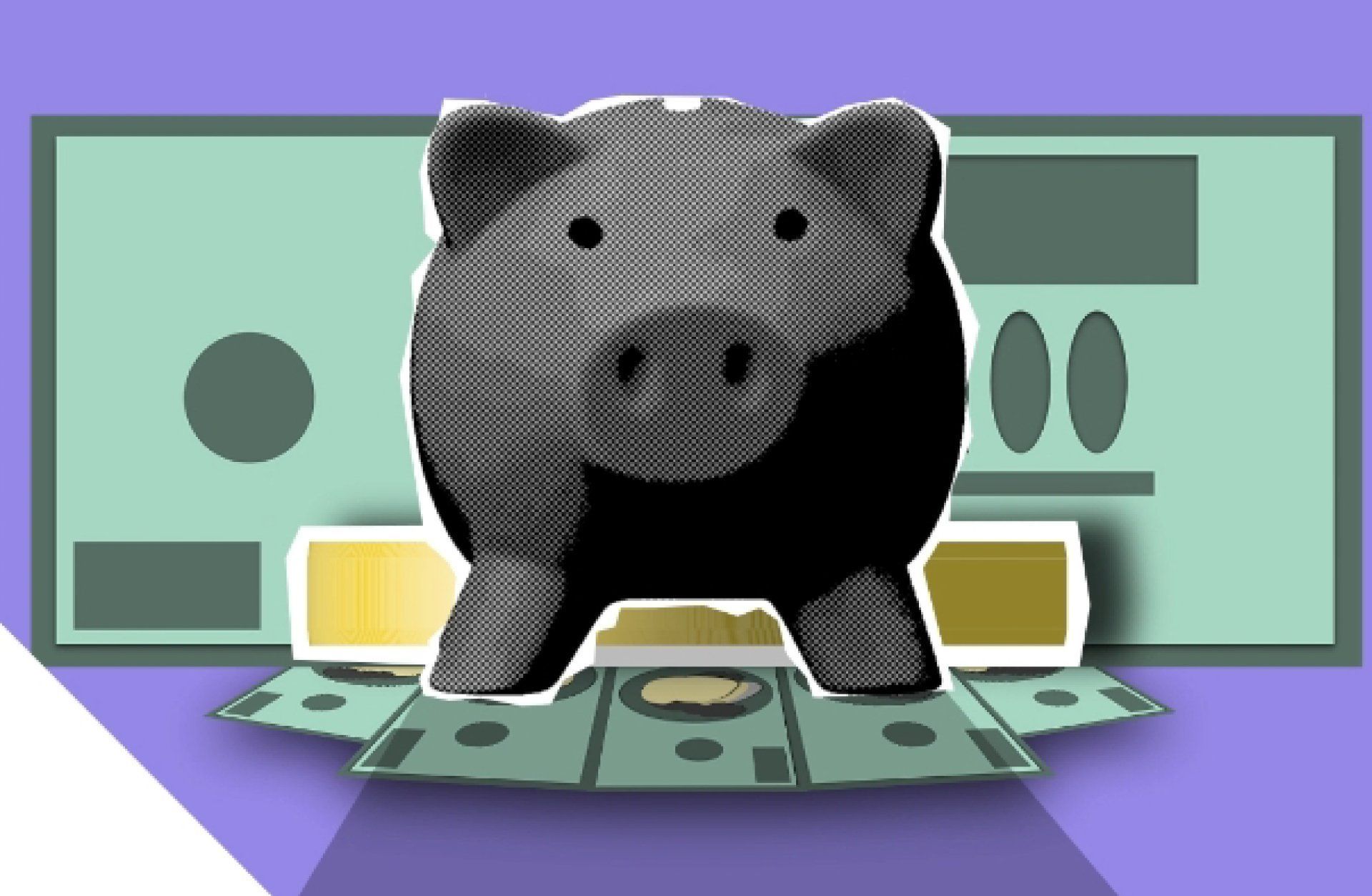 A stylized, black-and-white patterned piggy bank sits on top of green paper money against a purple background.