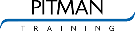 The Pitman Training logo featuring black text above a blue, wave-like horizontal line.