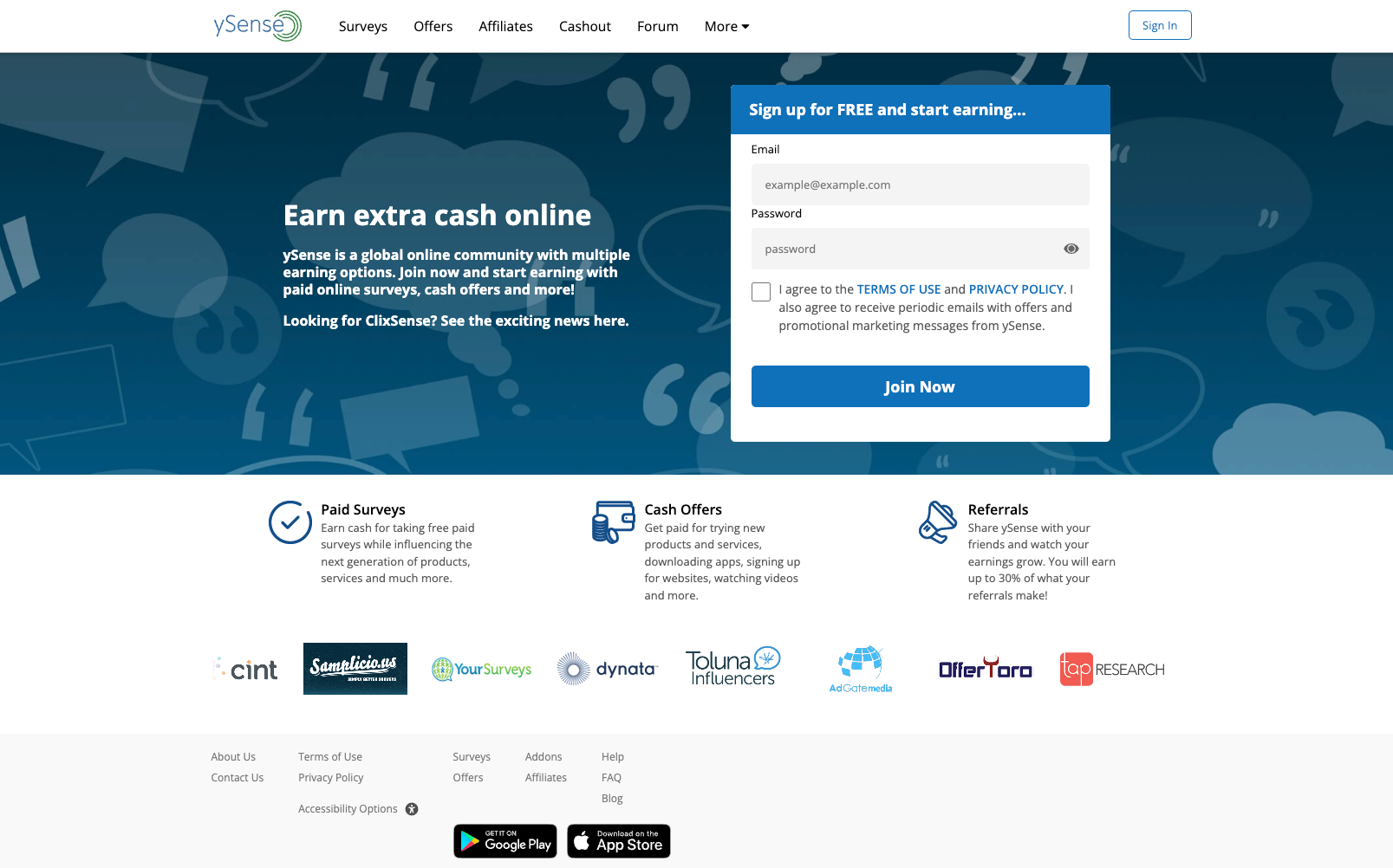 Homepage for Swagbucks, a website for earning rewards and gift cards by completing online surveys and activities.