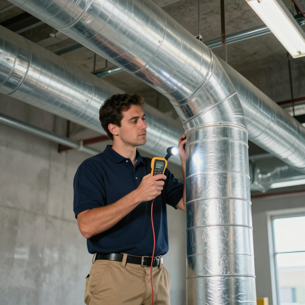 A worker in a blue polo shirt uses a handheld diagnostic tool to test a large silver industrial duct in a concrete room.