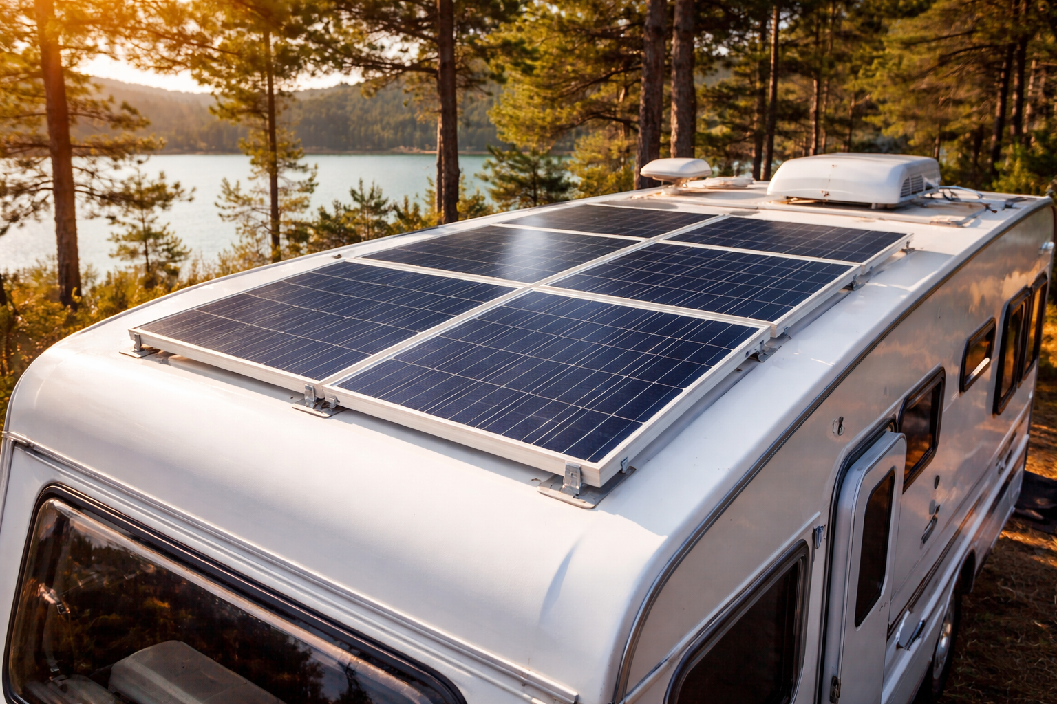 RV with solar panels on roof, parked near lake in sunny forest.