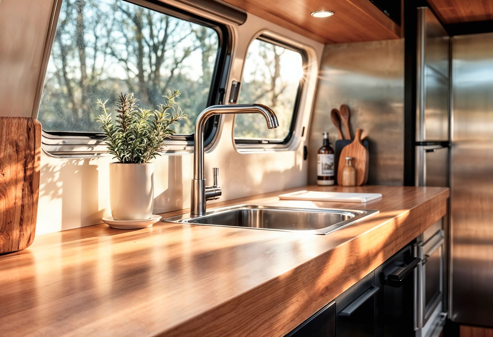 Kitchen in a modern travel trailer with wooden countertop, stainless steel sink, and large windows.