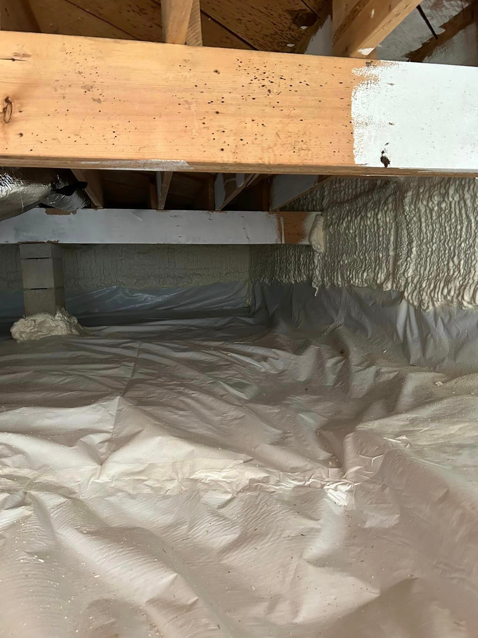 A crawl space under a house covered in plastic and foam.