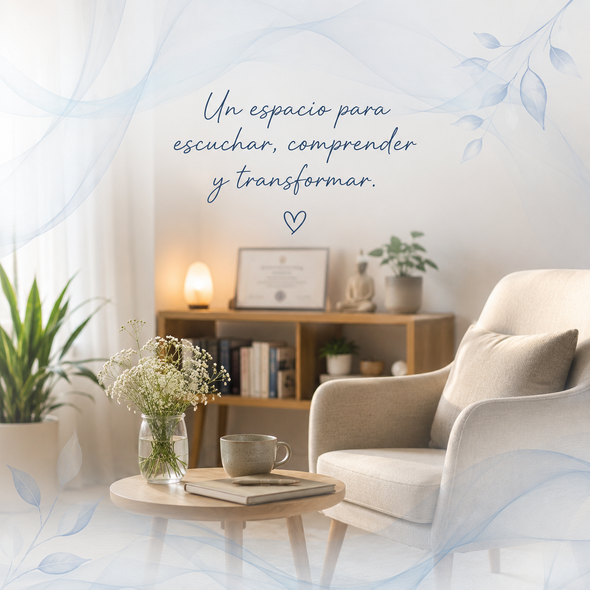 Acogedora sala de estar color crema con sillón, lámpara, planta y una cita inspiradora