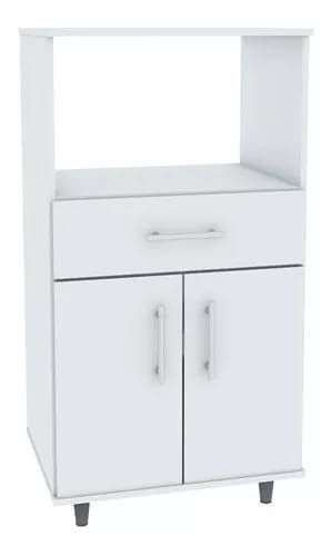 Mueble de cocina blanco con estante superior abierto, cajón y puertas de gabinete; manijas y patas grises.