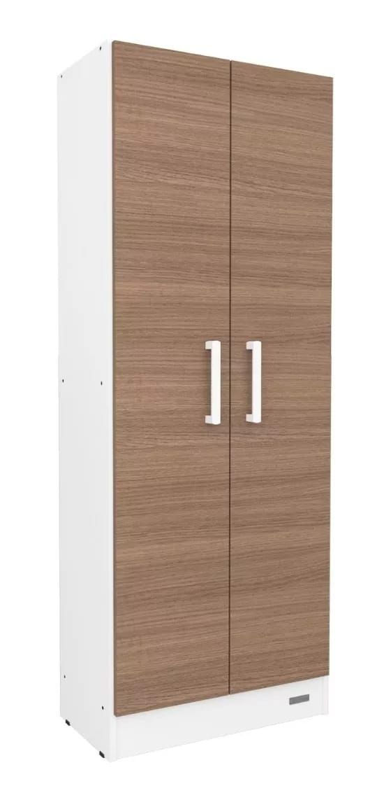 Mueble alto de madera con dos puertas y laterales en color blanco, tiradores en las puertas.