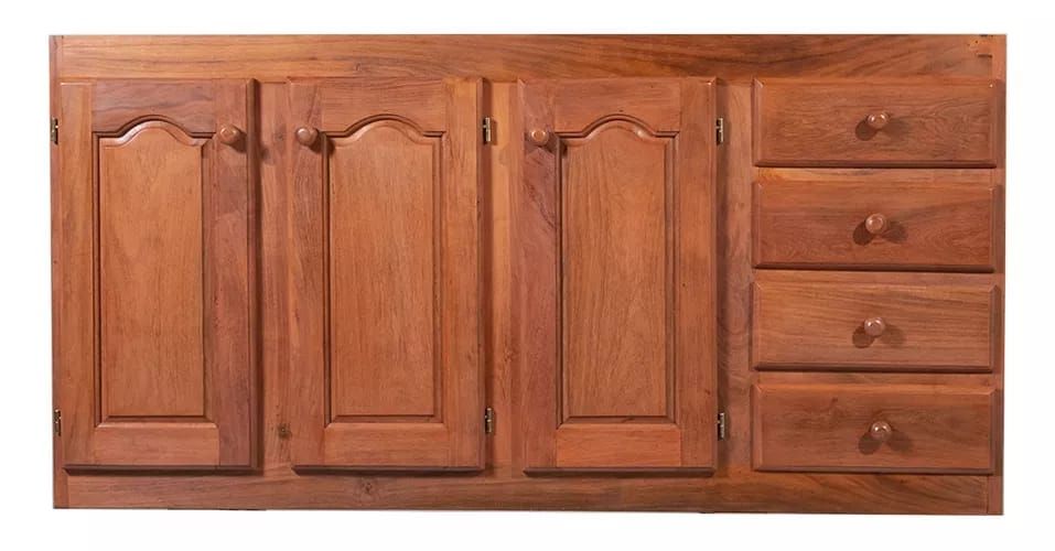 Mueble de baño de madera con tres puertas y cuatro cajones.