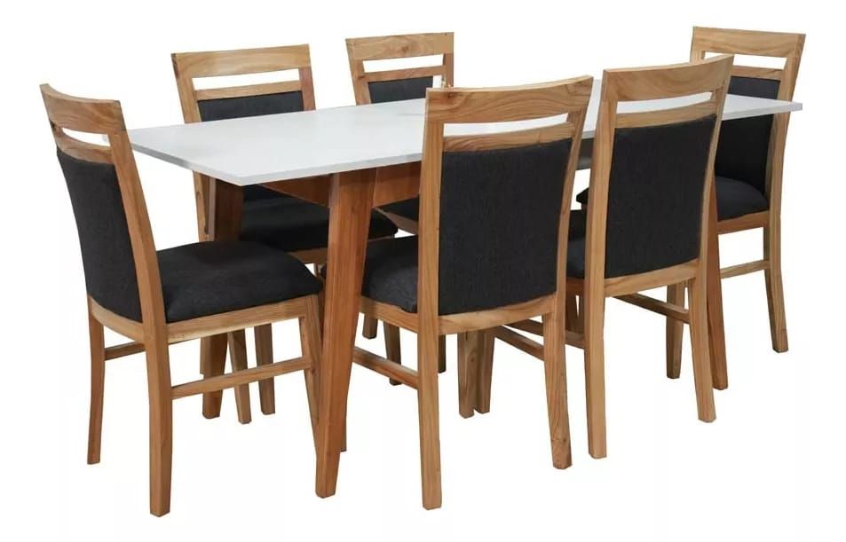 Juego de mesa de comedor con tablero blanco y seis sillas de madera con asientos negros.
