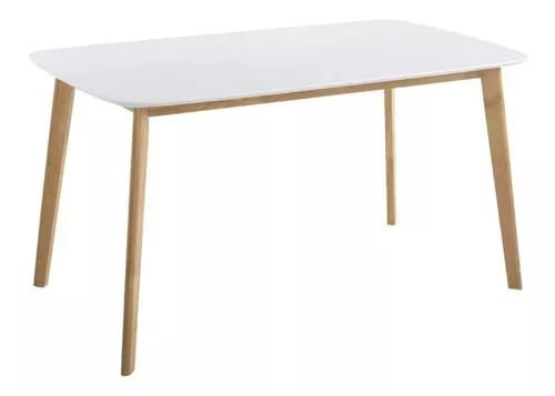 Mesa rectangular blanca con patas de madera.