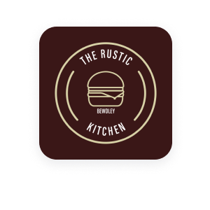 a logo for the rustic kitchen with a hamburger in a circle