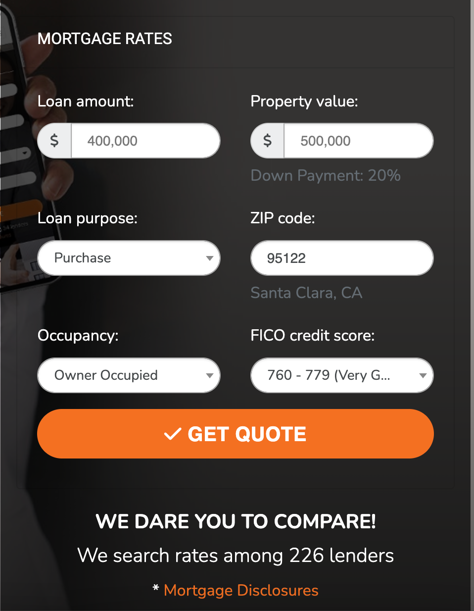 Mortgage rate calculator with input fields for loan details and a 