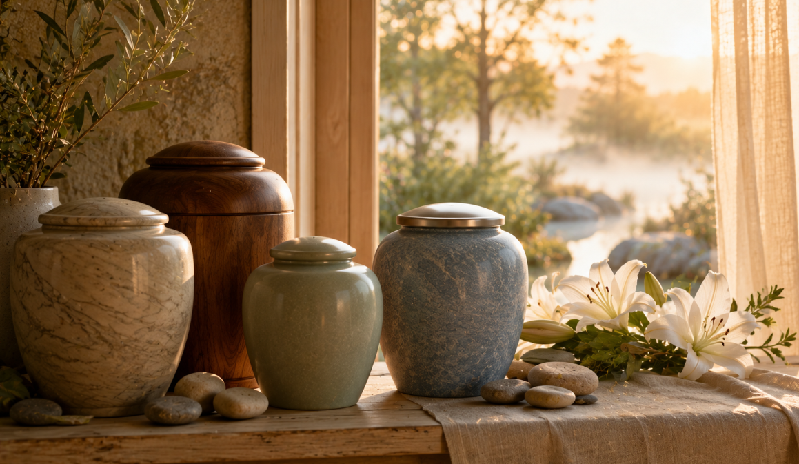 Elegant collection of cremation urns with white lilies in lakeside, cremation services Bethlehem, PA