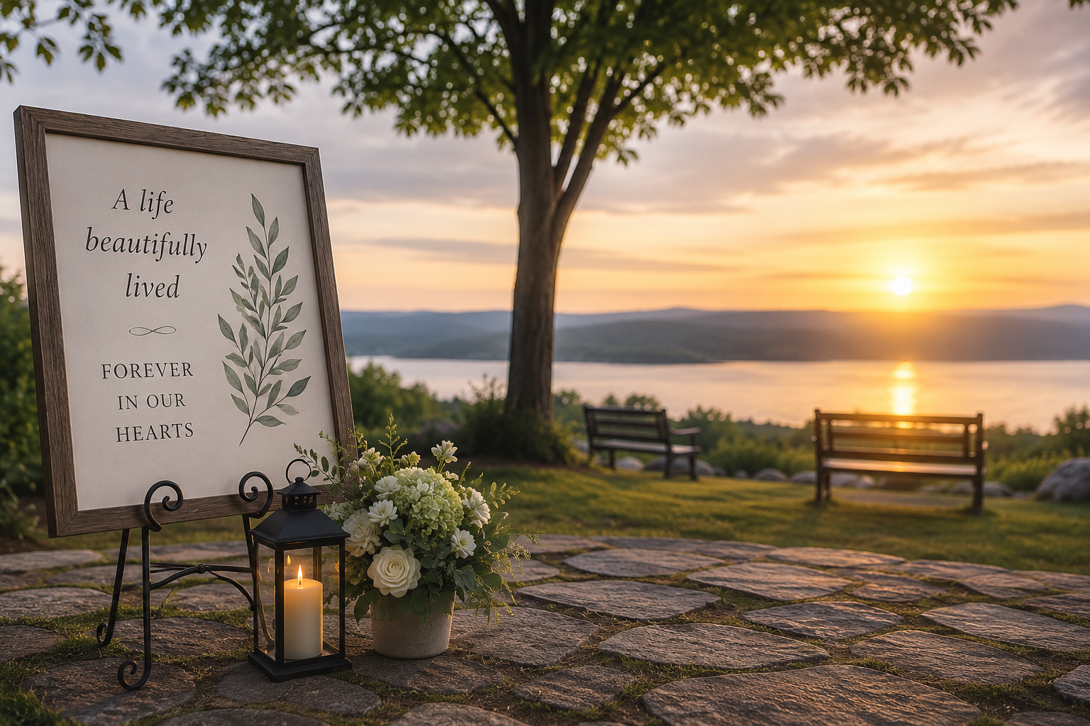 Memorial display with flowers and candle overlooking lake at sunset in Bethlehem, PA
