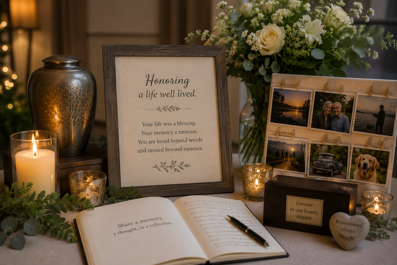 Memorial display with urn and keepsakes for compassionate cremation services in Middletown, PA.